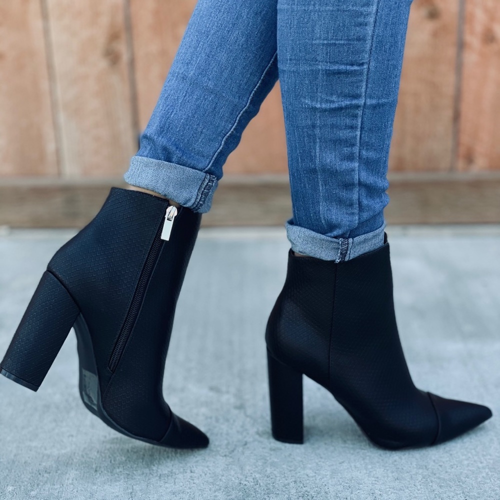 Black Snake Print Embossed Booties